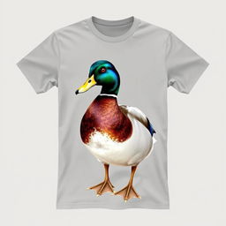 A smooth, wrinkle-free t-shirt featuring a highly realistic and detailed illustration of a duck, showcasing the duck's vibrant colors and textures, positioned prominently on the front of the shirt