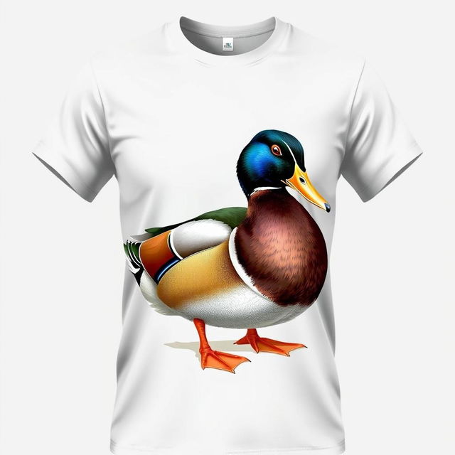 A smooth, wrinkle-free t-shirt featuring a highly realistic and detailed illustration of a duck, showcasing the duck's vibrant colors and textures, positioned prominently on the front of the shirt