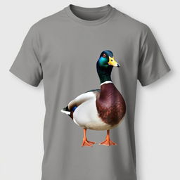 A smooth, wrinkle-free t-shirt featuring a highly realistic and detailed illustration of a duck, showcasing the duck's vibrant colors and textures, positioned prominently on the front of the shirt