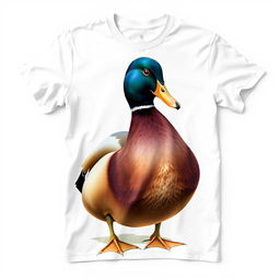 A smooth, wrinkle-free t-shirt featuring a highly realistic and detailed illustration of a duck, showcasing the duck's vibrant colors and textures, positioned prominently on the front of the shirt