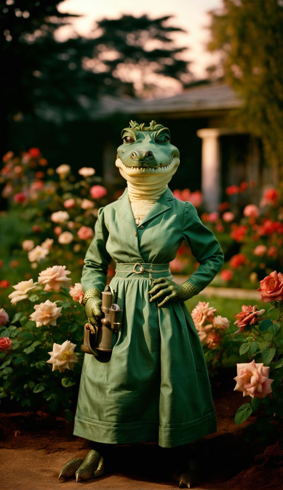 Anthropomorphic alligator housewife in 1950s attire in a vintage garden during golden hour, captured with Canon EOS R5 with RF 35mm f/2.8L IS USM Lens.