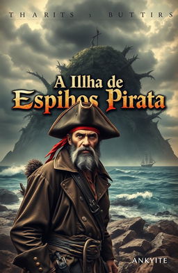 A captivating book cover design for 'A Ilha de Espinhos Pirata', featuring a dramatic pirate scene