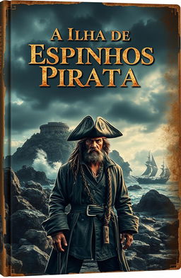 A captivating book cover design for 'A Ilha de Espinhos Pirata', featuring a dramatic pirate scene