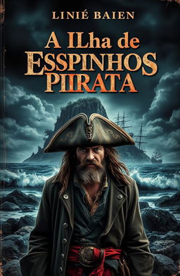 A captivating book cover design for 'A Ilha de Espinhos Pirata', featuring a dramatic pirate scene
