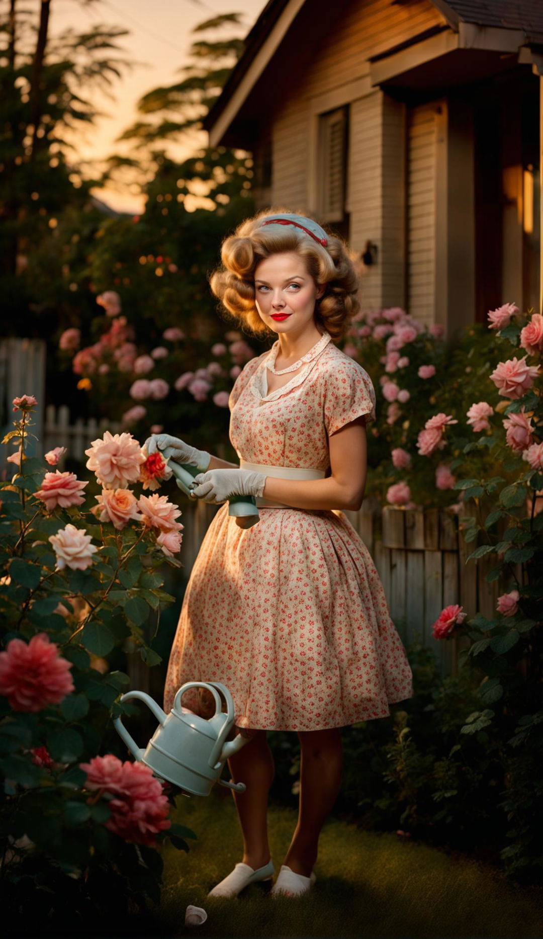 Golden hour in a 1950s garden with an anthropomorphic pig dressed as a 1950s housewife tending to her roses. Captured with Canon EOS R5 with RF 35mm f/2.8L IS USM Lens.