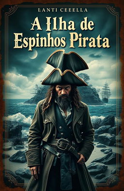 A captivating book cover design for 'A Ilha de Espinhos Pirata', featuring a dramatic pirate scene