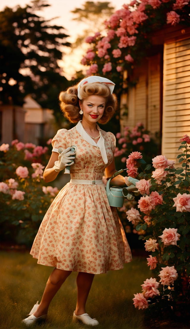 A literal pig dressed as a 1950s housewife tending to her roses in a 1950s garden during golden hour. Captured with Canon EOS R5 with RF 35mm f/2.8L IS USM Lens.