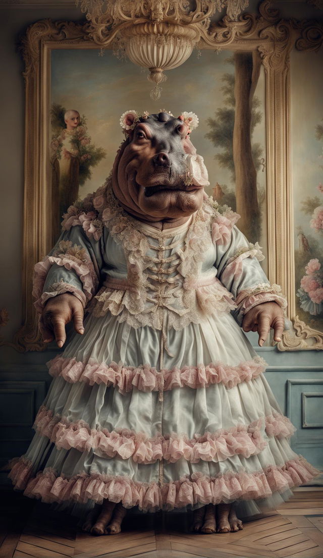 Anthropomorphic hippopotamus in Rococo dress standing in a grand Rococo salon.