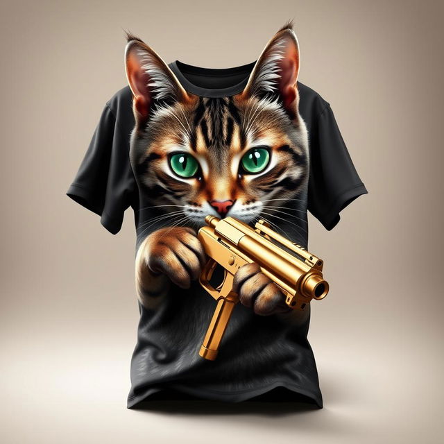 A wrinkle-free t-shirt featuring a realistic cat design, the cat holding a shiny golden gun in its paws