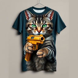 A wrinkle-free t-shirt featuring a realistic cat design, the cat holding a shiny golden gun in its paws