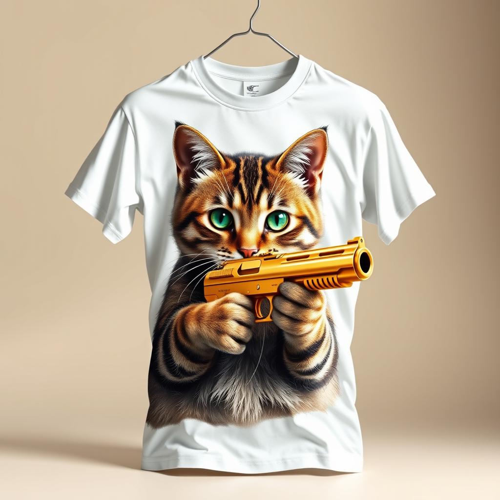 A wrinkle-free t-shirt featuring a realistic cat design, the cat holding a shiny golden gun in its paws