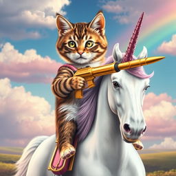A realistic cat holding a golden gun, riding a unicorn, printed on a perfectly smooth and wrinkle-free t-shirt