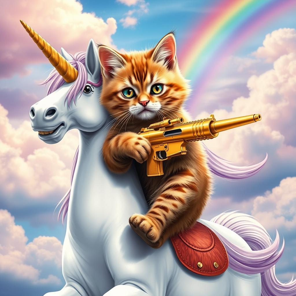 A realistic cat holding a golden gun, riding a unicorn, printed on a perfectly smooth and wrinkle-free t-shirt