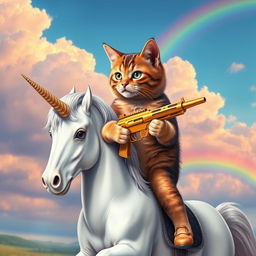 A realistic cat holding a golden gun, riding a unicorn, printed on a perfectly smooth and wrinkle-free t-shirt