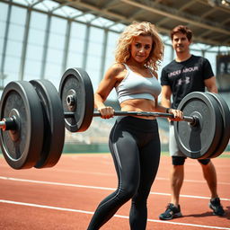 A blonde woman with curly hair is working out in a track and field stadium alongside Tom Cruise, who is dressed in his workout gear