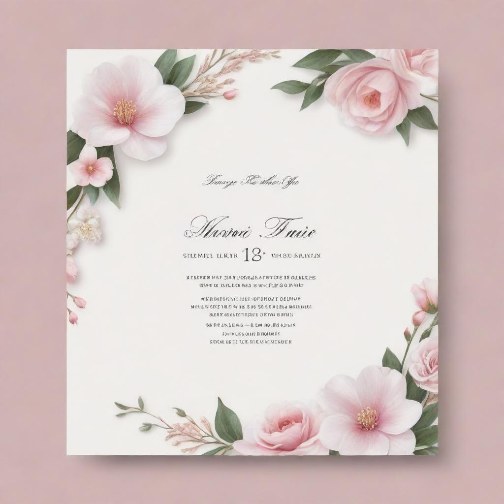 A classy and elegant design for a wedding invitation card template, featuring subtle romantic elements such as flowers, doves, or rings, with ample blank space for bespoke text.