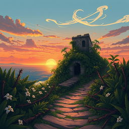 An enchanting illustration for 'A Ilha de Espinhos', depicting a mysterious island enveloped in lush, dense greenery and sharp, thorny plants