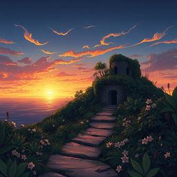 An enchanting illustration for 'A Ilha de Espinhos', depicting a mysterious island enveloped in lush, dense greenery and sharp, thorny plants