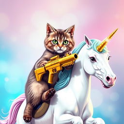A realistic cat holding a golden gun while riding a unicorn, designed prominently on a t-shirt