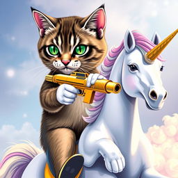 A realistic cat holding a golden gun while riding a unicorn, designed prominently on a t-shirt