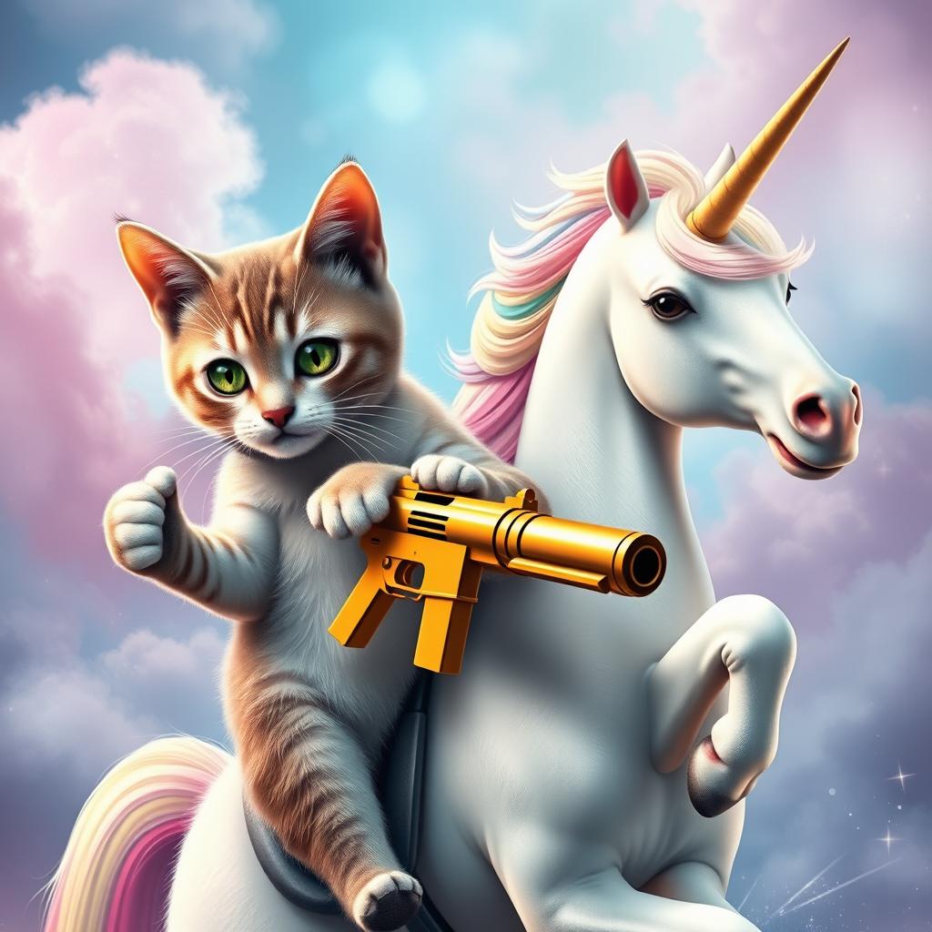 A realistic cat holding a golden gun while riding a unicorn, designed prominently on a t-shirt