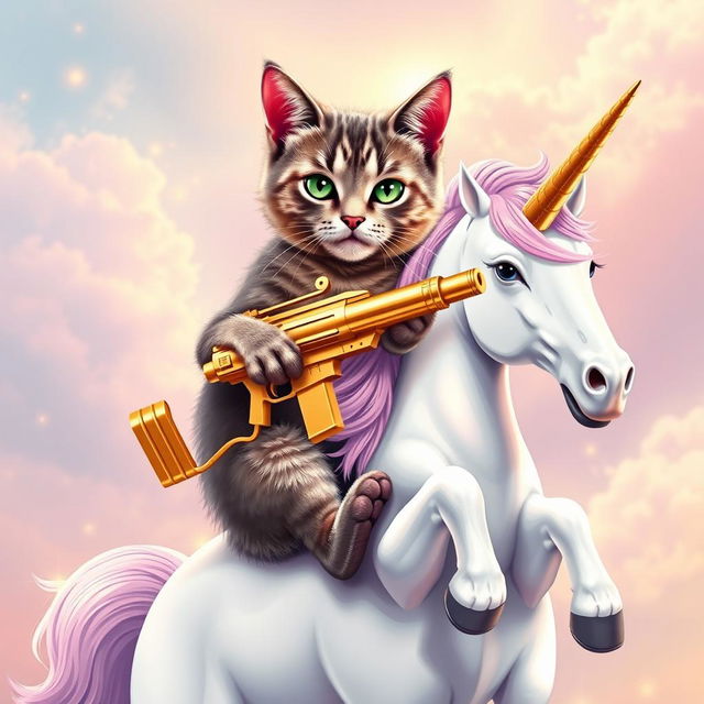 A realistic cat holding a golden gun while riding a unicorn, designed prominently on a t-shirt