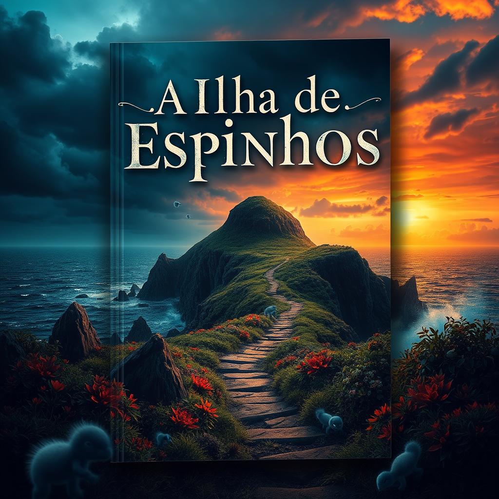 An artistic book cover design for 'A Ilha de Espinhos'