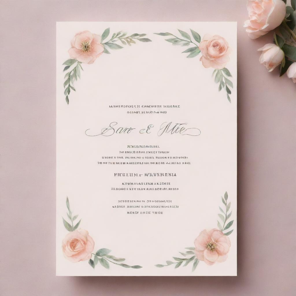 An elegant and unadorned wedding invitation template with no text. Features minimalistic romantic imagery such as blooming flowers or intertwined rings, using soft, pastel tones.