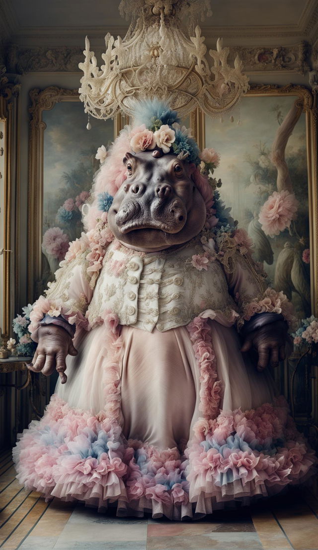 Anthropomorphic hippopotamus in Rococo dress and wig standing in a grand Rococo salon.