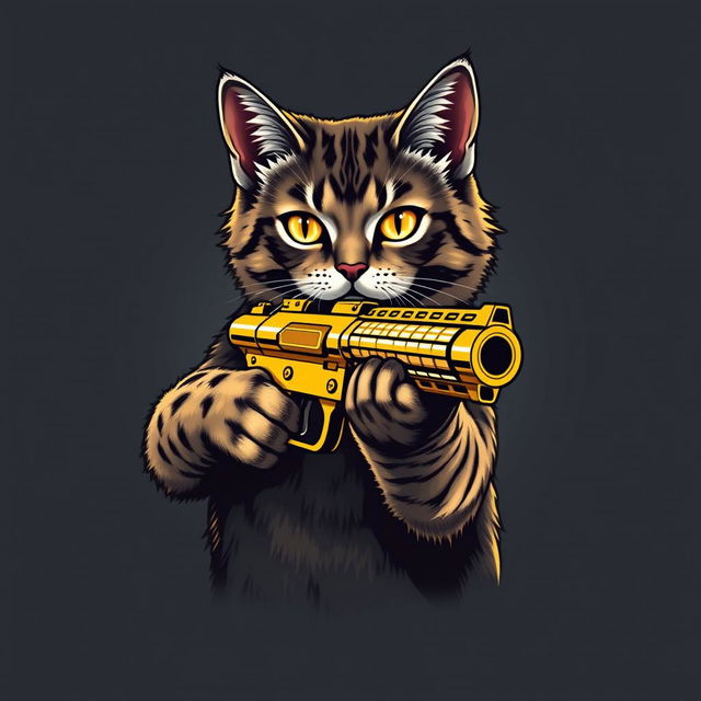 A realistic cat holding a golden gun, portrayed vividly on a stylish t-shirt