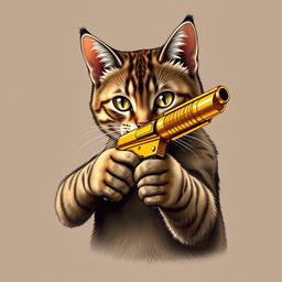 A realistic cat holding a golden gun, portrayed vividly on a stylish t-shirt