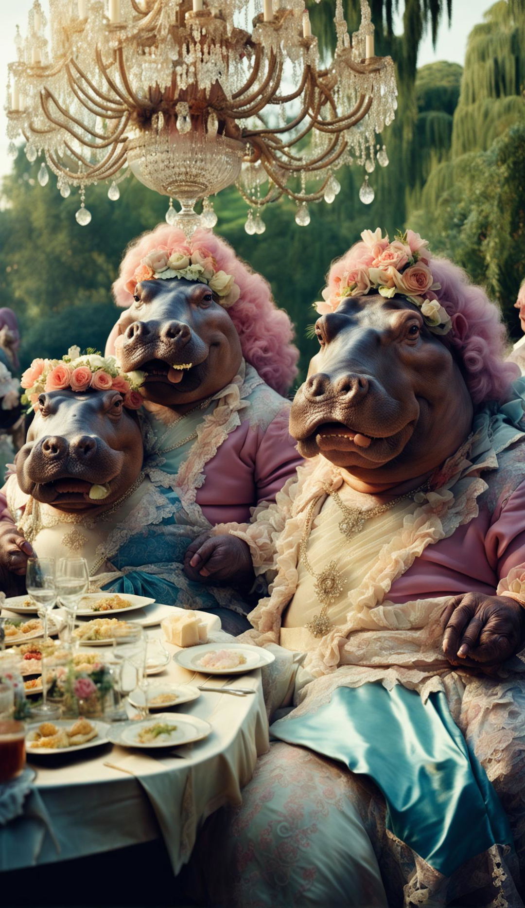 Anthropomorphic hippopotamuses in Rococo dresses and wigs at a grand Rococo garden party during golden hour.