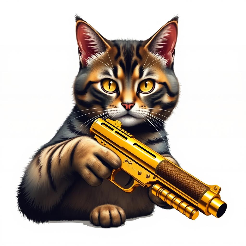 A realistic cat holding a golden gun, portrayed vividly on a stylish t-shirt