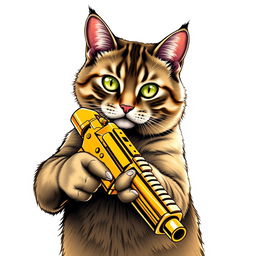 A realistic cat holding a golden gun, portrayed vividly on a stylish t-shirt