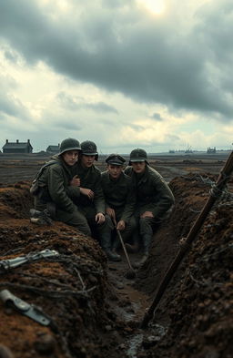 A poignant scene from a World War I novel titled 'Na západní frontě klid', illustrating the lives of five young German soldiers amidst the backdrop of a desolate battlefield