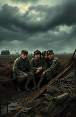 A poignant scene from a World War I novel titled 'Na západní frontě klid', illustrating the lives of five young German soldiers amidst the backdrop of a desolate battlefield