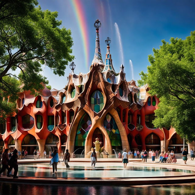 Futuristic building inspired by Antoni Gaudi, made entirely of red bricks with sun casting shadows on its curved form. Surrounded by a sparkling water fountain and plush greenery in a public domain with people admiring it. Captured with a professional camera set to manual mode, f/8, ISO 200.