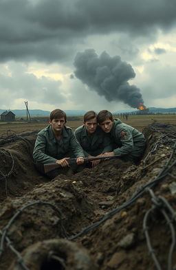 A poignant scene from a World War I novel titled 'Na západní frontě klid', illustrating the lives of five young German soldiers amidst the backdrop of a desolate battlefield