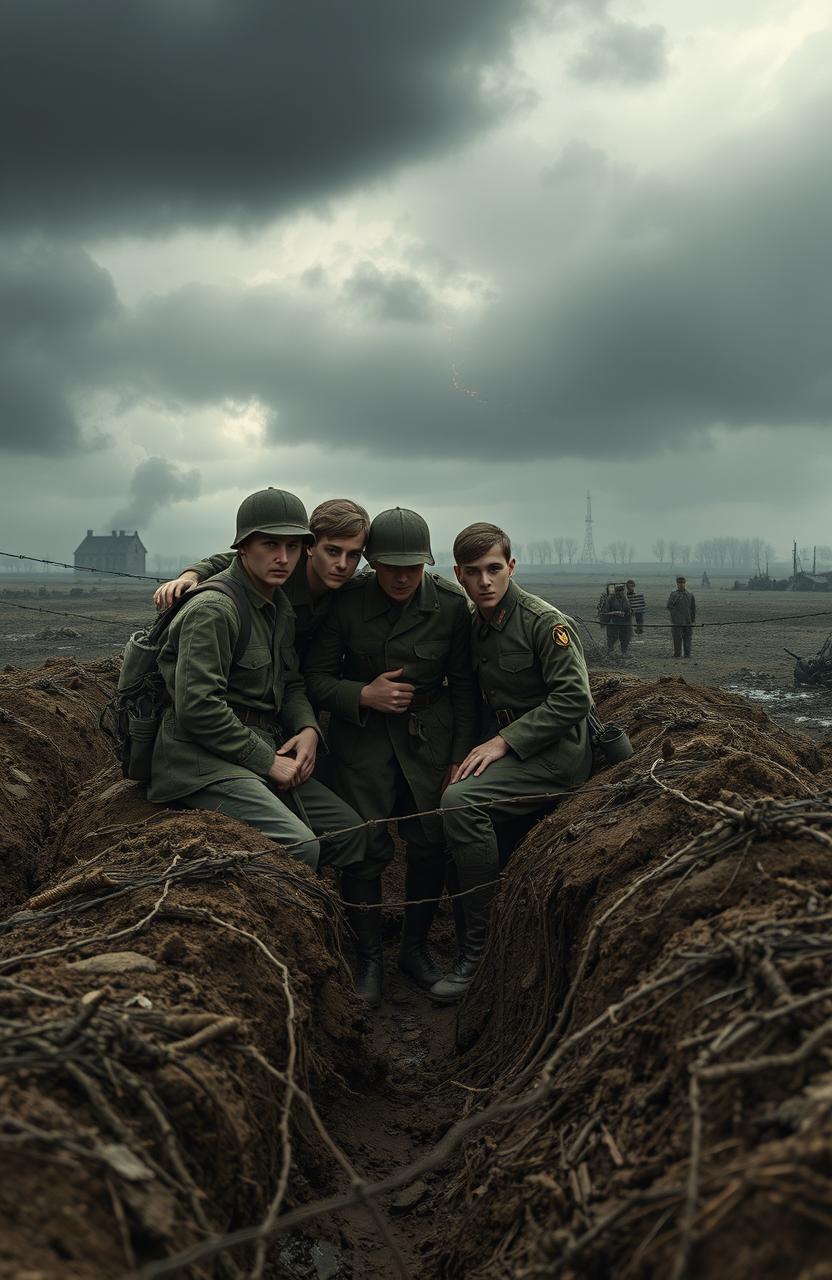 A poignant scene from a World War I novel titled 'Na západní frontě klid', illustrating the lives of five young German soldiers amidst the backdrop of a desolate battlefield