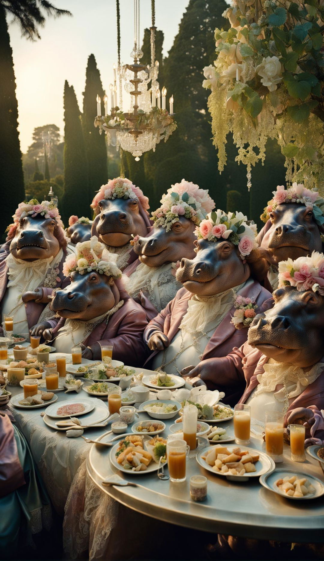 Ultra-wide shot of anthropomorphic hippopotamuses in Rococo dresses and wigs at a grand Rococo garden party in an estate garden during golden hour, with a beautiful fountain featuring a hippopotamus sculpture.