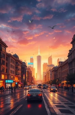 A breathtaking urban nightscape featuring a skyline illuminated by vibrant city lights, casting a warm glow on the surrounding buildings