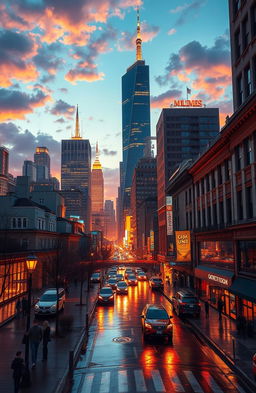 A breathtaking urban nightscape featuring a skyline illuminated by vibrant city lights, casting a warm glow on the surrounding buildings