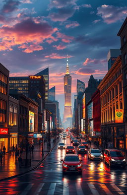A breathtaking urban nightscape featuring a skyline illuminated by vibrant city lights, casting a warm glow on the surrounding buildings
