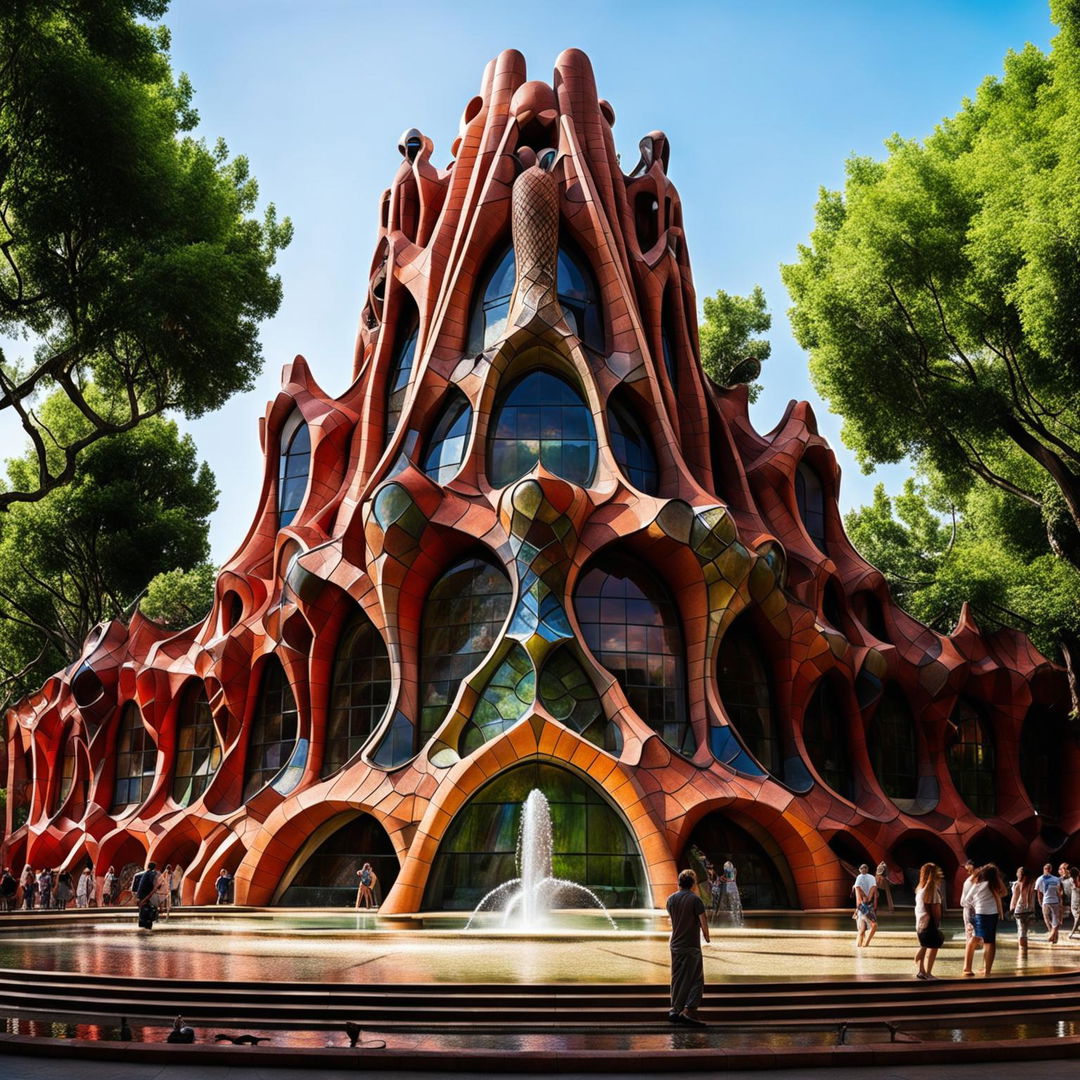 Futuristic building inspired by Antoni Gaudi, made entirely of red bricks with intricate detailing. Sun casting shadows on its curved form. Surrounded by a sparkling water fountain and plush greenery in a public domain with people admiring it. Captured with a professional camera set to manual mode, f/8, ISO 200.