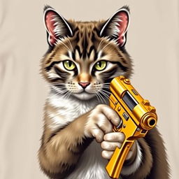 A realistic cat depicted on a t-shirt, holding a shiny golden gun