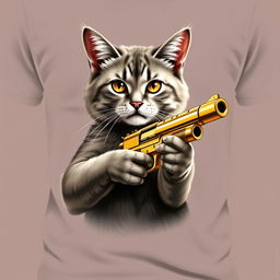 A realistic cat depicted on a t-shirt, holding a shiny golden gun
