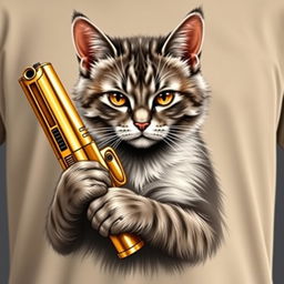 A realistic cat depicted on a t-shirt, holding a shiny golden gun