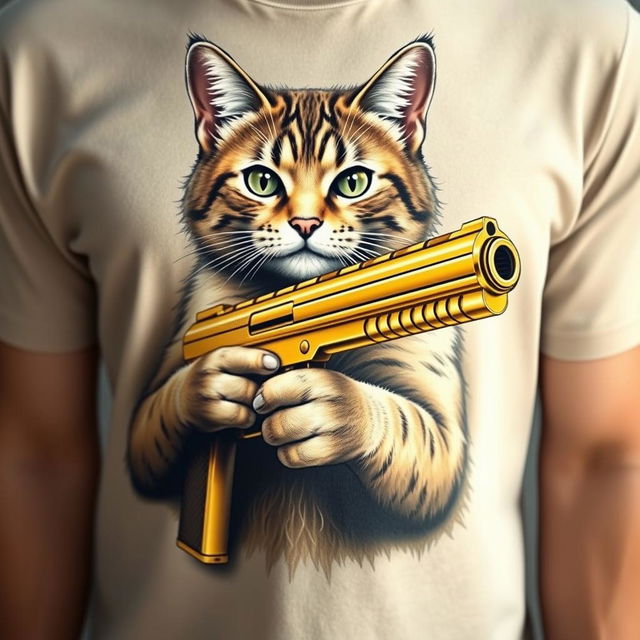 A realistic cat depicted on a t-shirt, holding a shiny golden gun