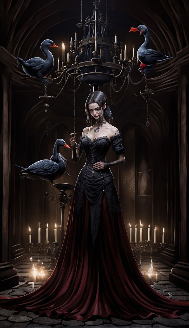 Gothic castle interior with vaulted ceilings and a grand iron chandelier. A woman in a long red gothic dress and duck head mask stands in the foreground.