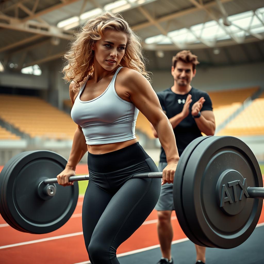 A blonde woman with curly hair and Tom Cruise, resembling his character from Top Gun, are in a vibrant Track and Field Stadium, engaged in an intense workout